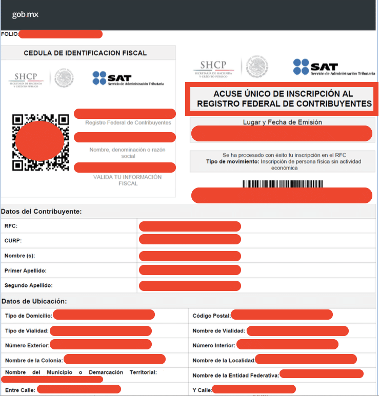 Acuse único de inscripción al Registro Federal de Contribuyentes